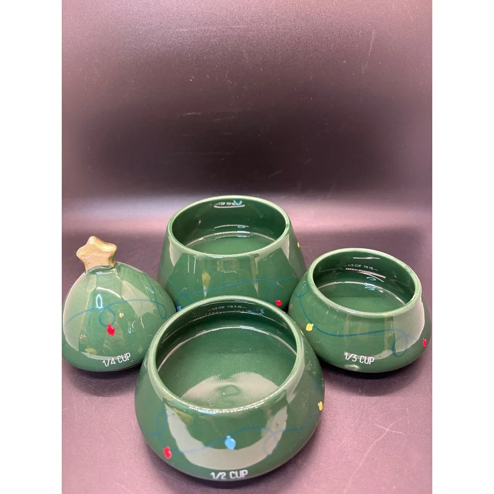 Christmas Tree Ceramic Nesting Measuring‎ Cup Set 4 Piece Green Holiday Decor